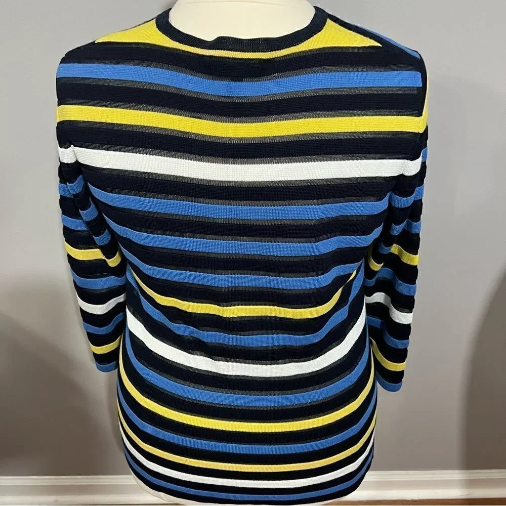 St. John Blue and Yellow Striped Knit Side Slit Sweater - L‎